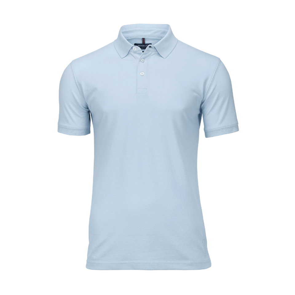 A light blue polo shirt made from organic cotton, featuring a classic collar and short sleeves. It has a logo.