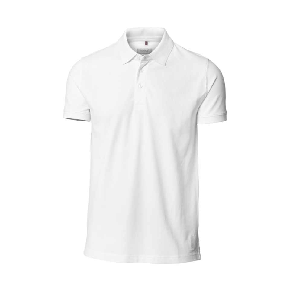 A white polo shirt made from organic cotton featuring a collar and a logo. Suitable for casual wear.