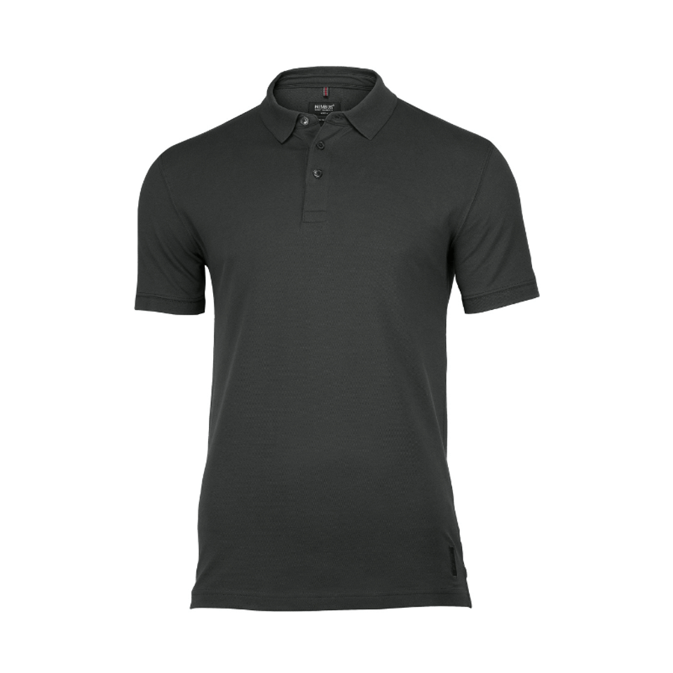 A dark green polo shirt with a collar, short sleeves, and a subtle logo featuring organic cotton fabric.