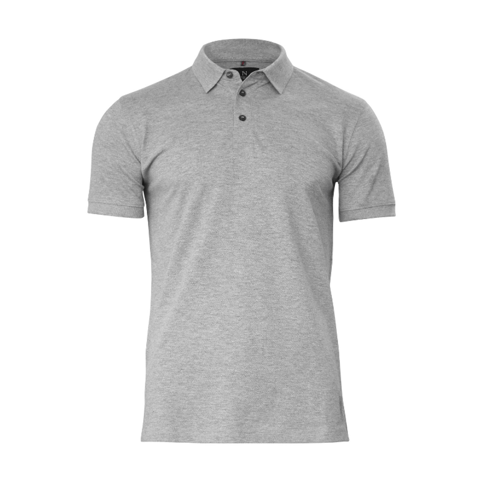 A grey polo shirt made from organic cotton with a collar and a logo. Short sleeves and a classic design.