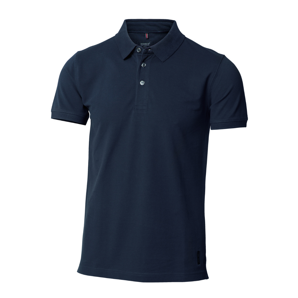 A navy blue polo shirt featuring a collar, buttons, and a logo on the side. Made from organic cotton.