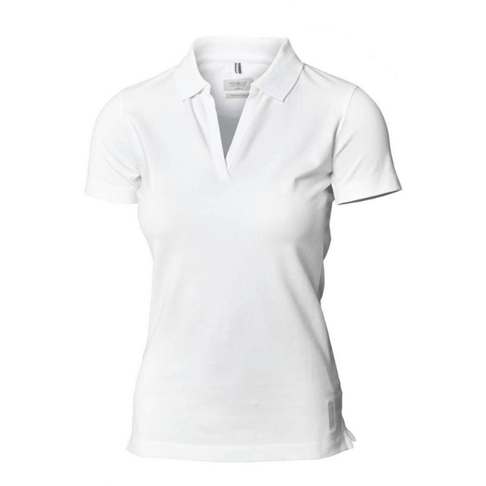 A white women’s polo shirt with a v-neck design and a logo. Made from organic cotton material.