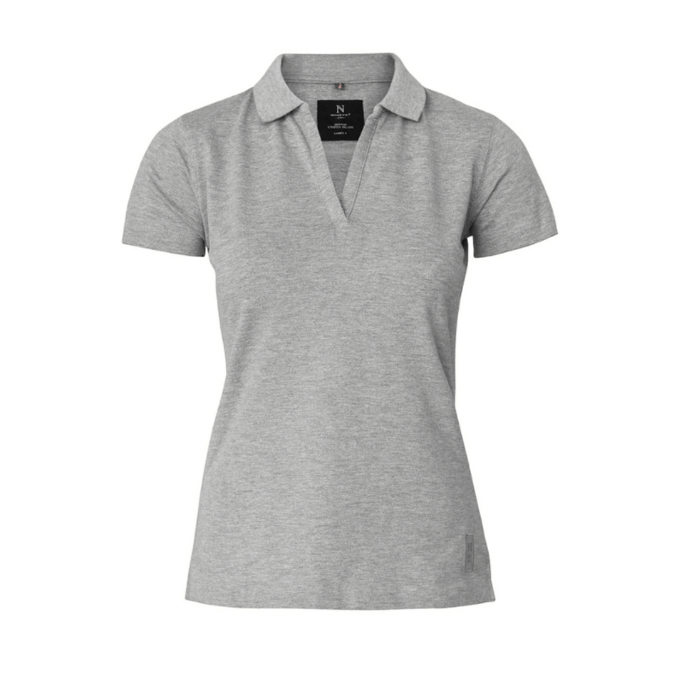 A women's grey V-neck polo shirt made from organic cotton, featuring a collar and a logo.