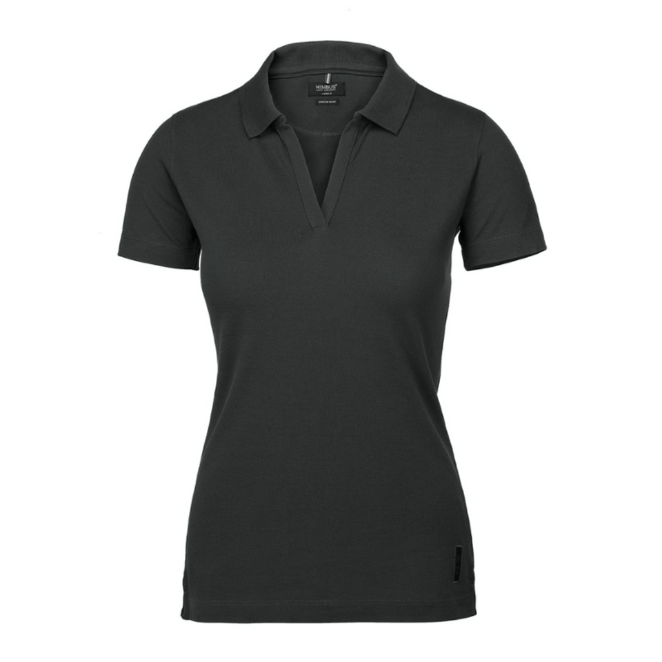 A black women's V-neck polo shirt made of organic cotton, featuring a logo. Suitable for casual wear.