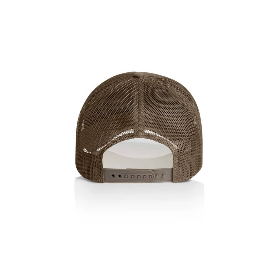 A brown foam trucker cap featuring a mesh back and adjustable strap, showcasing a simple design.