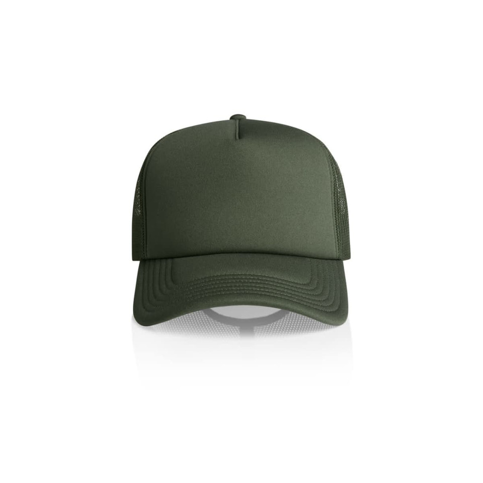 A green Frame Foam Trucker Cap with a plain design and mesh back. Features a logo on the front.