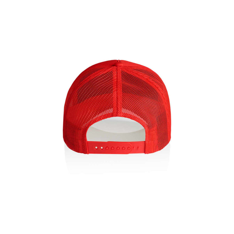 A red trucker cap featuring a mesh back and an adjustable strap. It has a logo on the front.