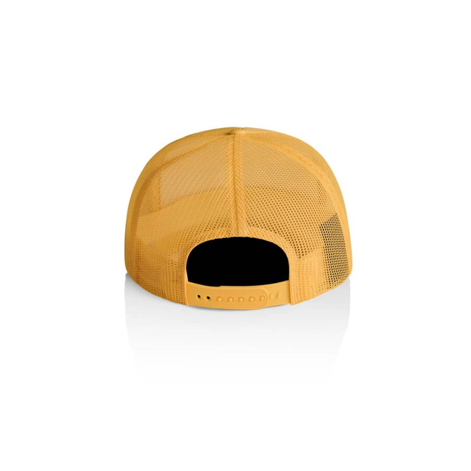 A yellow trucker cap featuring a mesh back and an adjustable strap for sizing. It includes a logo on the design.