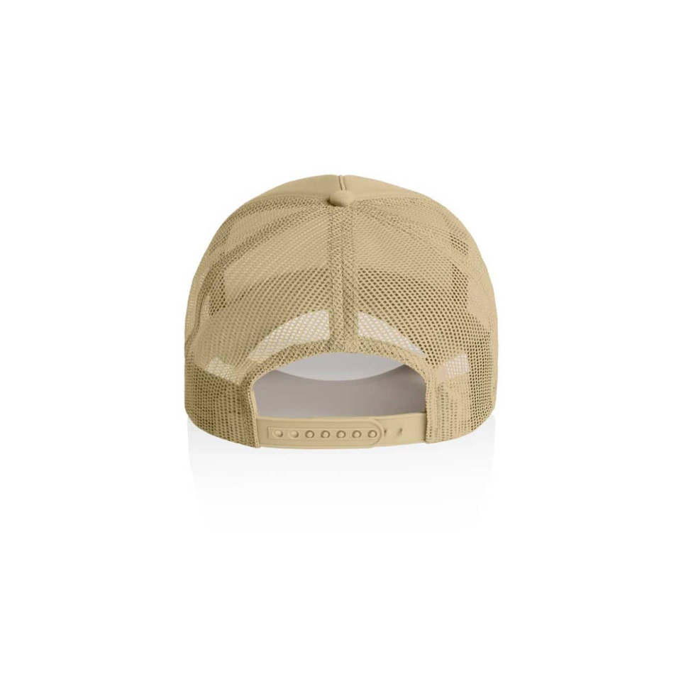 A beige trucker cap featuring a mesh back and an adjustable snap closure. It has a logo on the front.