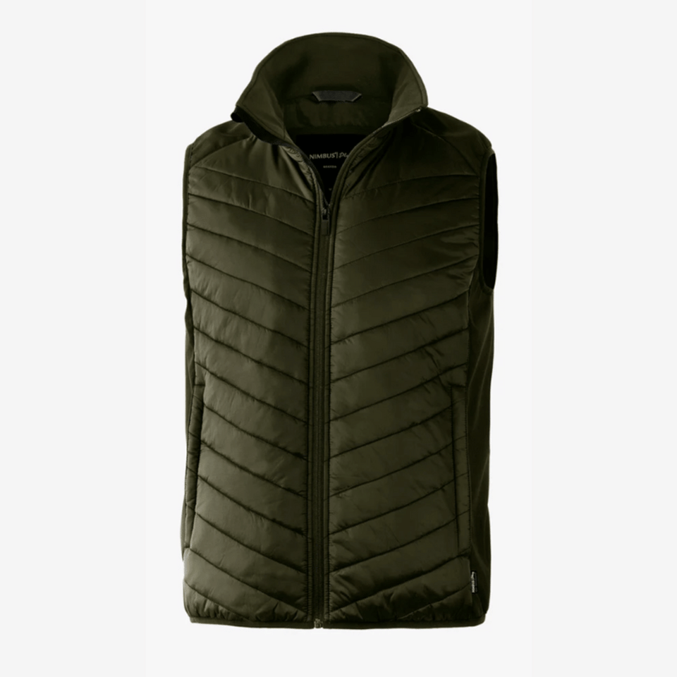 A green vest with a quilted design and a hood, featuring a zip closure and a logo.