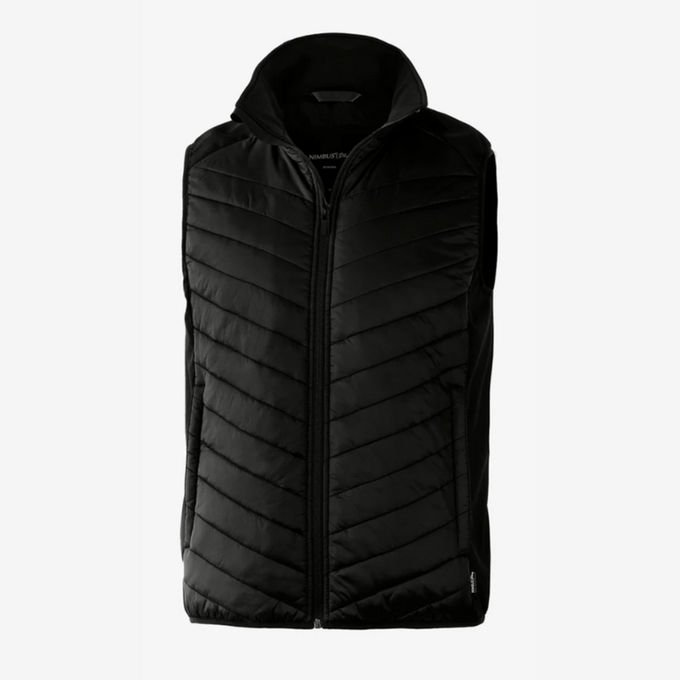 A black quilted vest with a hood, made from recycled nylon and softshell fabric, featuring a front zip.