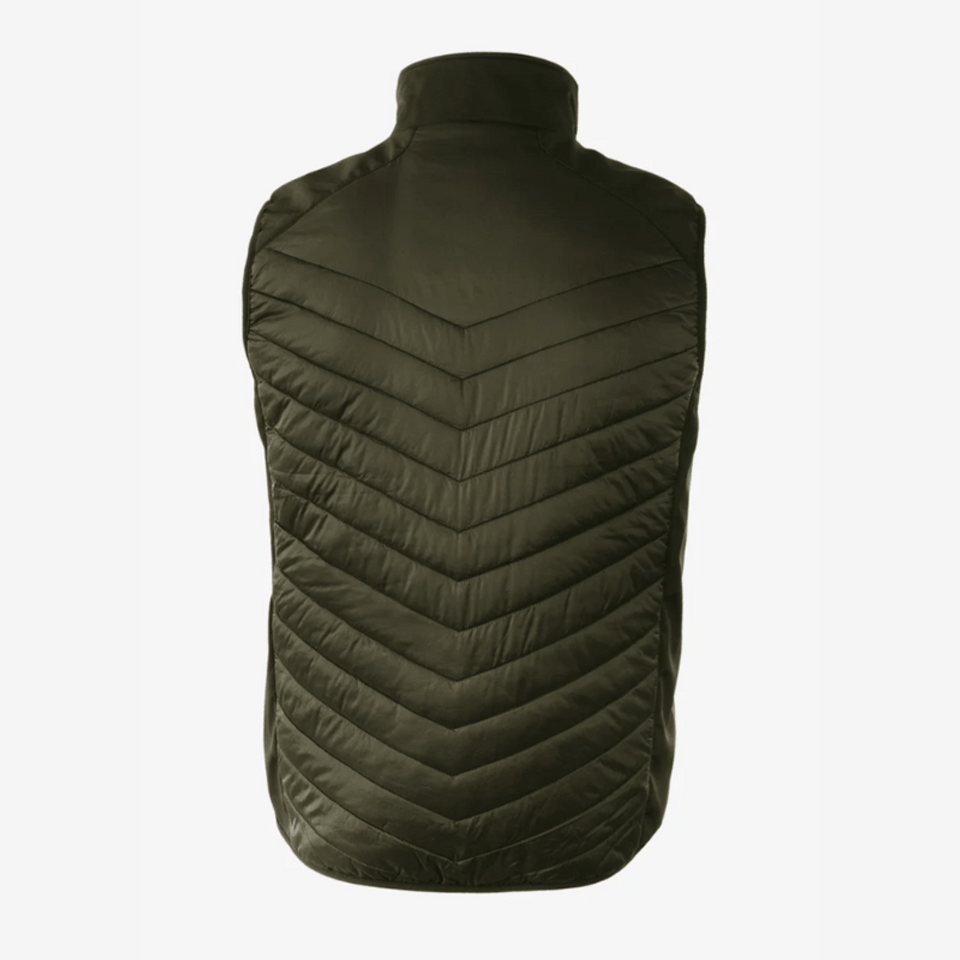 An olive green vest with a chevron quilted pattern and a high collar, featuring a logo.