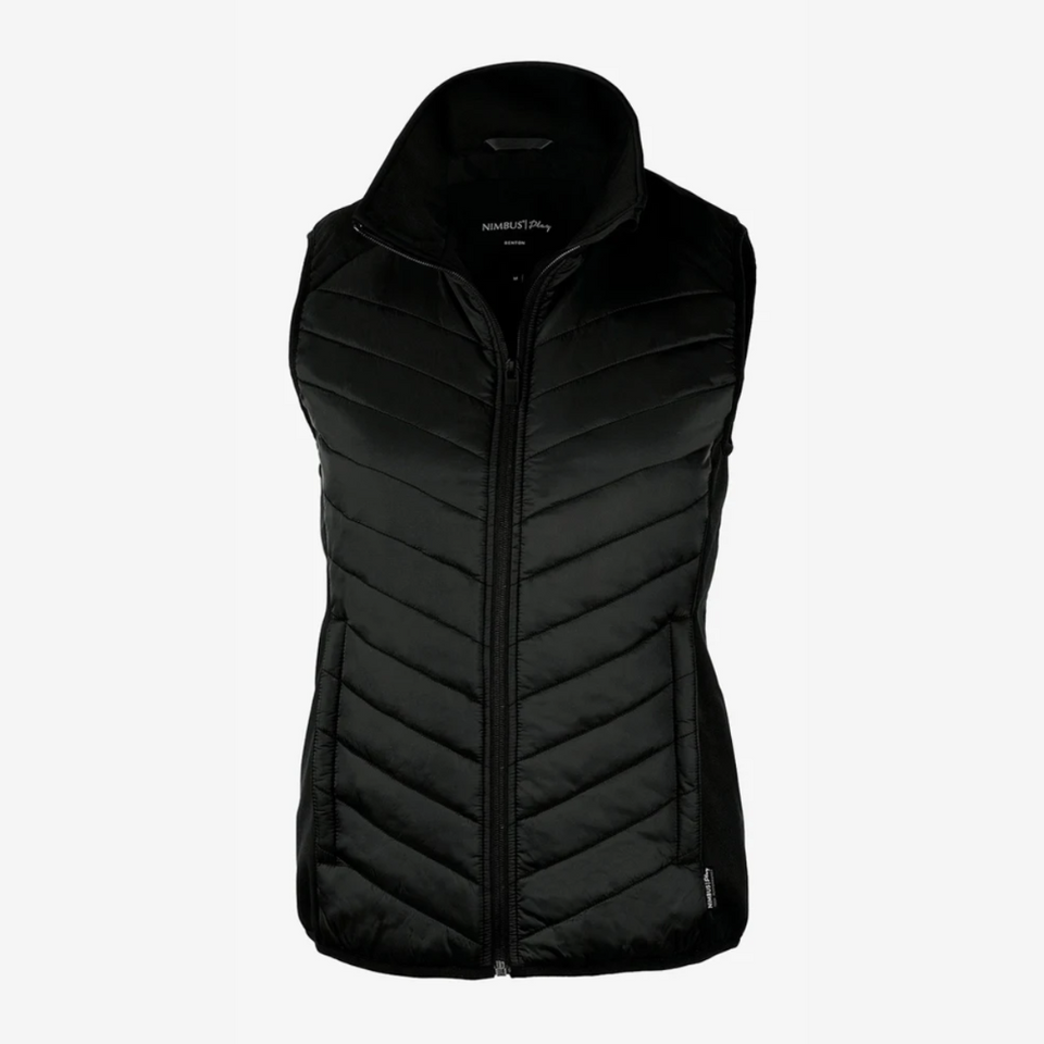 A black women's vest with a zip front and quilted design, featuring a logo on the side.