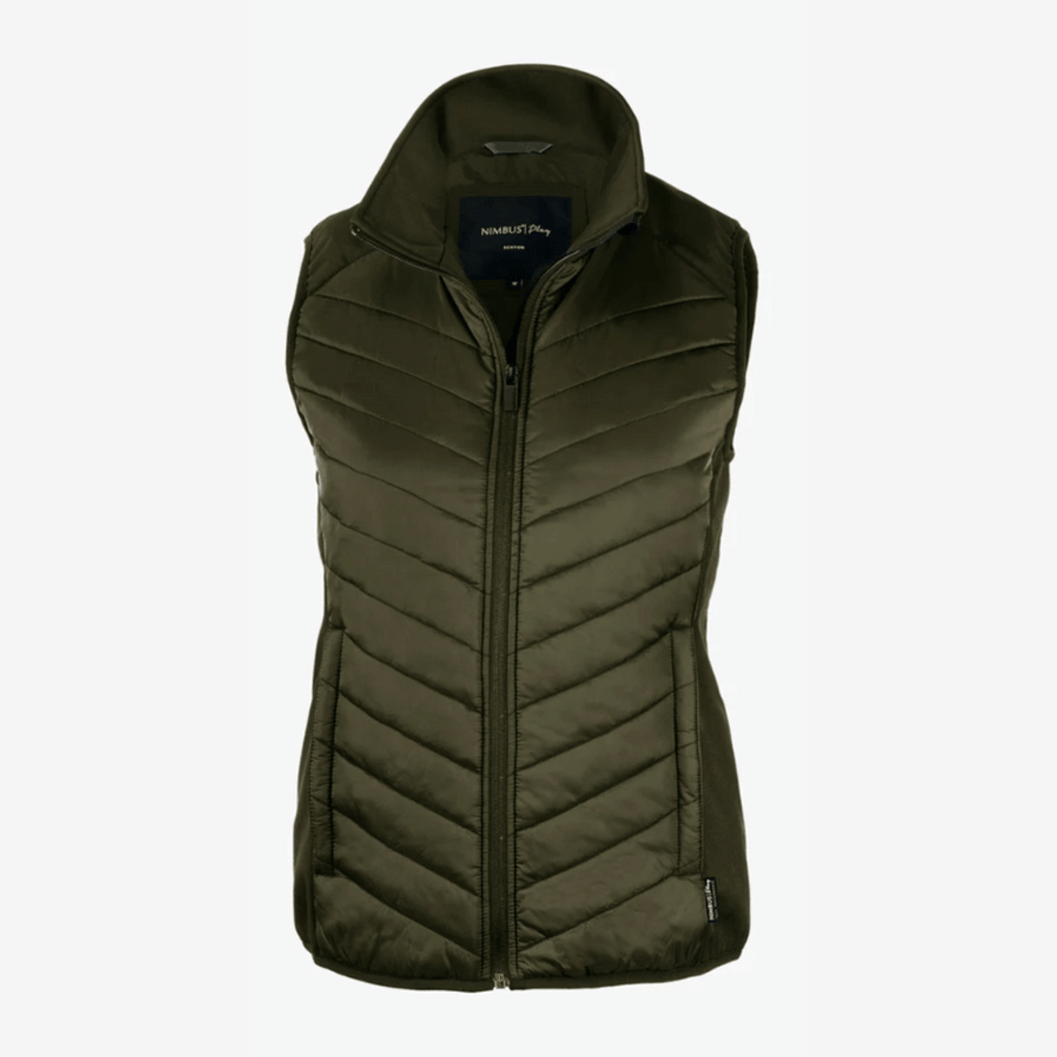 An olive green women's vest with a zippered front, featuring a quilted design and a logo on the chest.