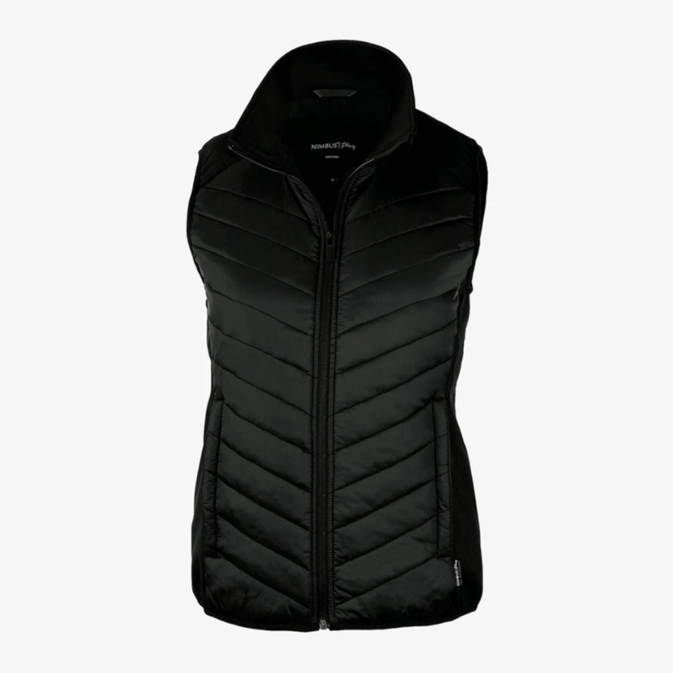 A black women's vest featuring a quilted design, high collar, and a zip front. It includes a logo on the fabric.