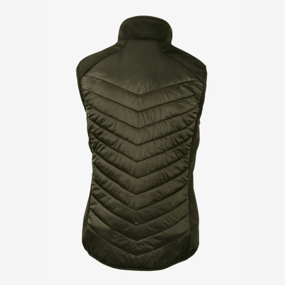 A dark olive green vest featuring a quilted chevron design and a high collar. It has a logo on the chest.