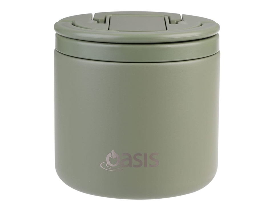 A drink bottle and food flask in olive green with a matching spork; features a lid and a logo.