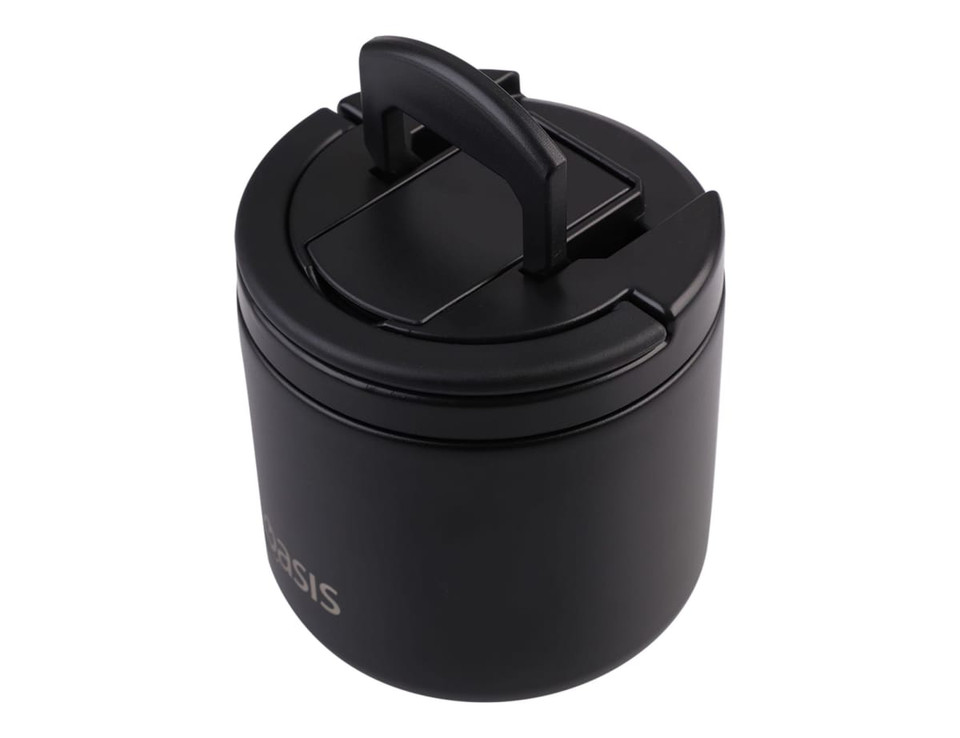 A black vacuum food flask with a handle and a spork attached, featuring a logo on the side.