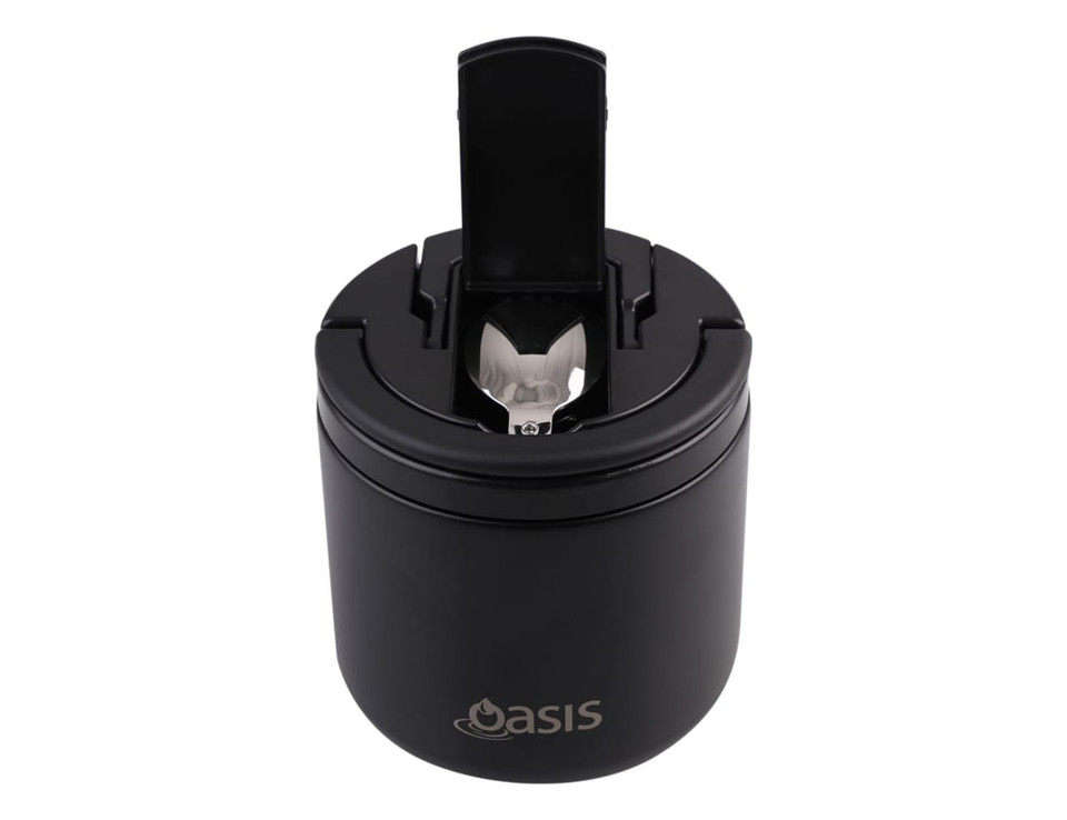 A black vacuum food flask with a spork attached to the lid and a logo on the front.