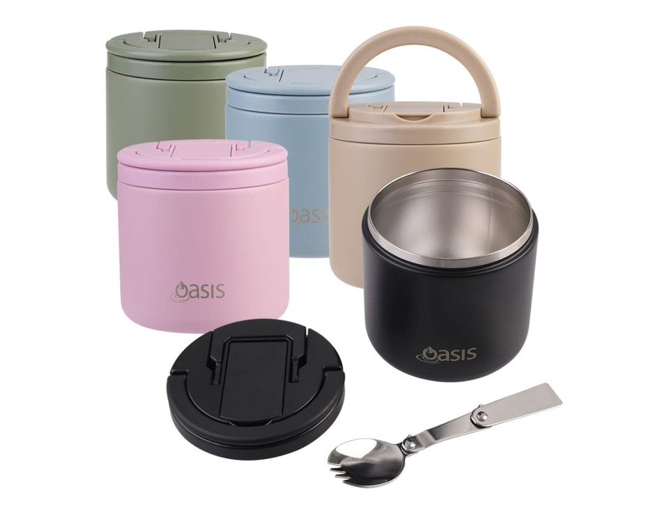 A drink bottle collection featuring various colours, including pink, black, green, blue, and beige, with a spork included.