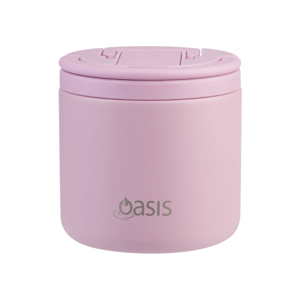 A drink bottle in pastel pink, featuring a vacuum insulation design and a spork, with a logo on the side.