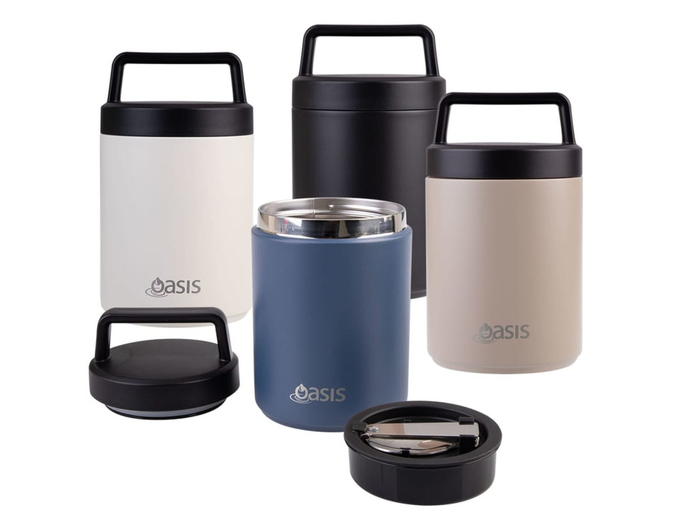 A range of Oasis vacuum food flasks in cream, black, beige, and navy, featuring handles and spoons.