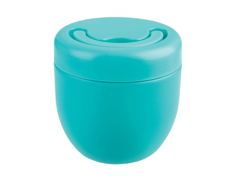 A drink bottle featuring a turquoise design with a rounded shape and a lid, complete with a logo.