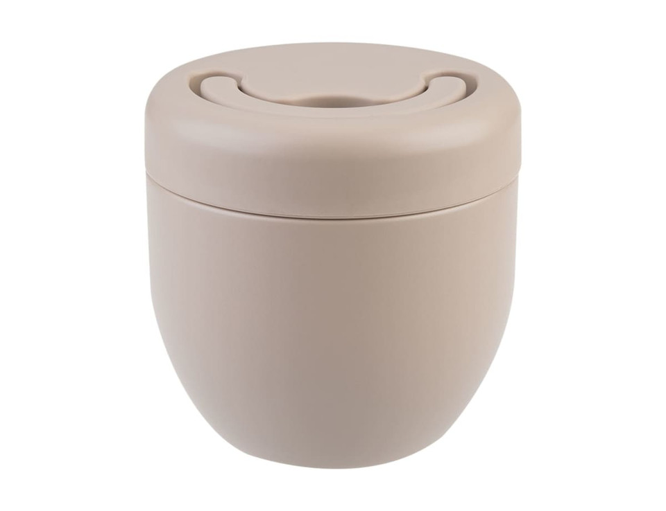 A vacuum food pod in a soft beige colour with a smooth, rounded design and a lid featuring a circular opening.