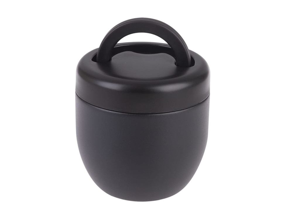 A drink bottle featuring a sleek black design with a handle on the lid and a smooth matte finish.