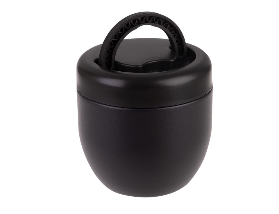 A vacuum food pod in matte black, featuring a textured handle and a secure lid. It has a logo on the side.
