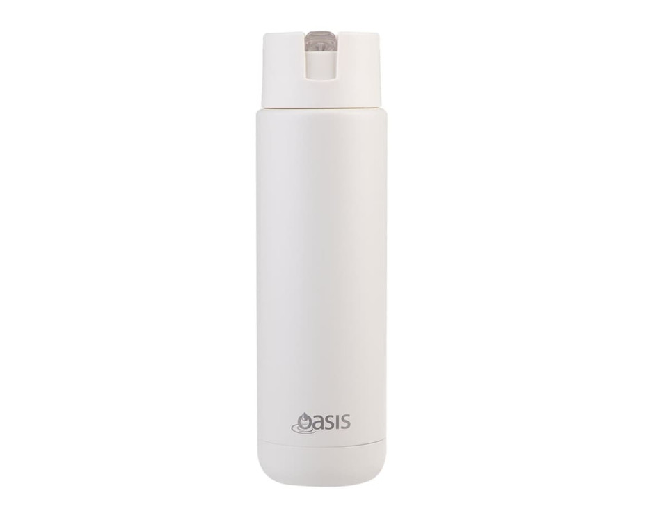 A drink bottle in white, featuring a sleek, modern design and a logo on the front.