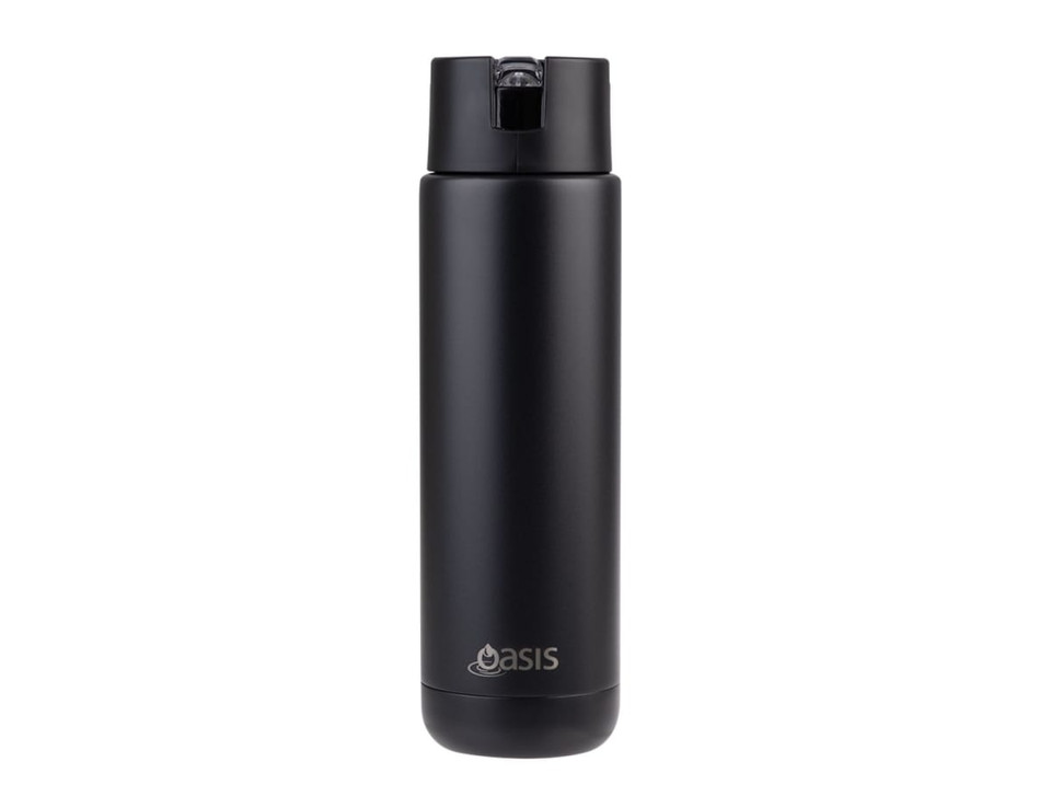 A drink bottle in matte black, featuring a lid and a logo, designed for vacuum insulation.