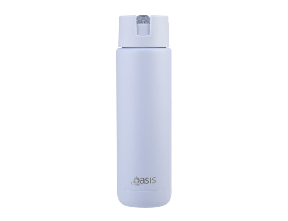 A drink bottle in light blue with a sleek design and a logo. It features a screw-on lid for easy access.