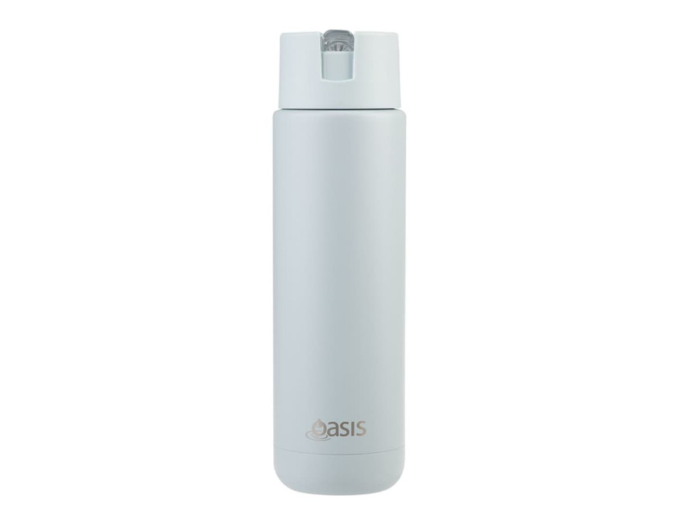 A drink bottle in soft grey with a sleek design and a logo, featuring a screw-top lid.