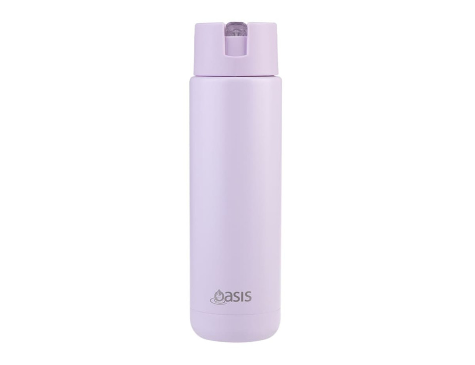 A drink bottle in pale lilac with a sleek design, featuring a logo and a flip-top lid.