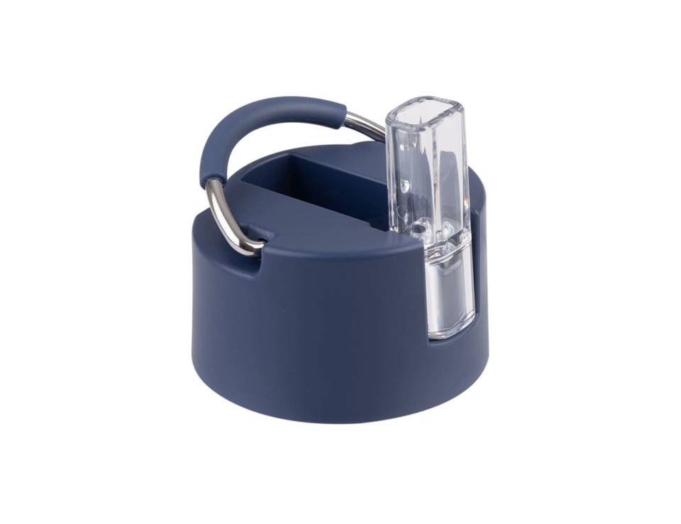 A drink bottle lid in navy blue with a clear spout and metal handle, featuring a sleek design.