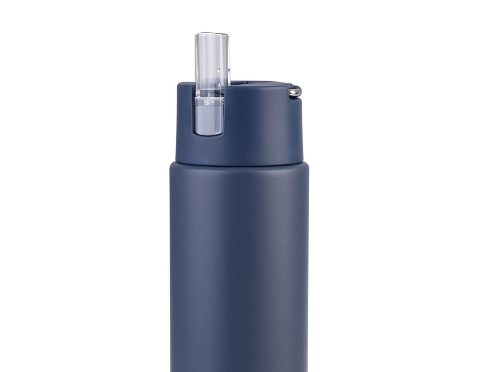 A drink bottle in navy blue with a flip-top lid and a built-in straw. It features a logo on the side.
