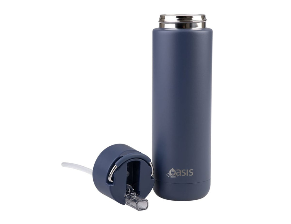 A drink bottle in navy blue with a silver lid and a detachable clear straw. Features a logo on the side.