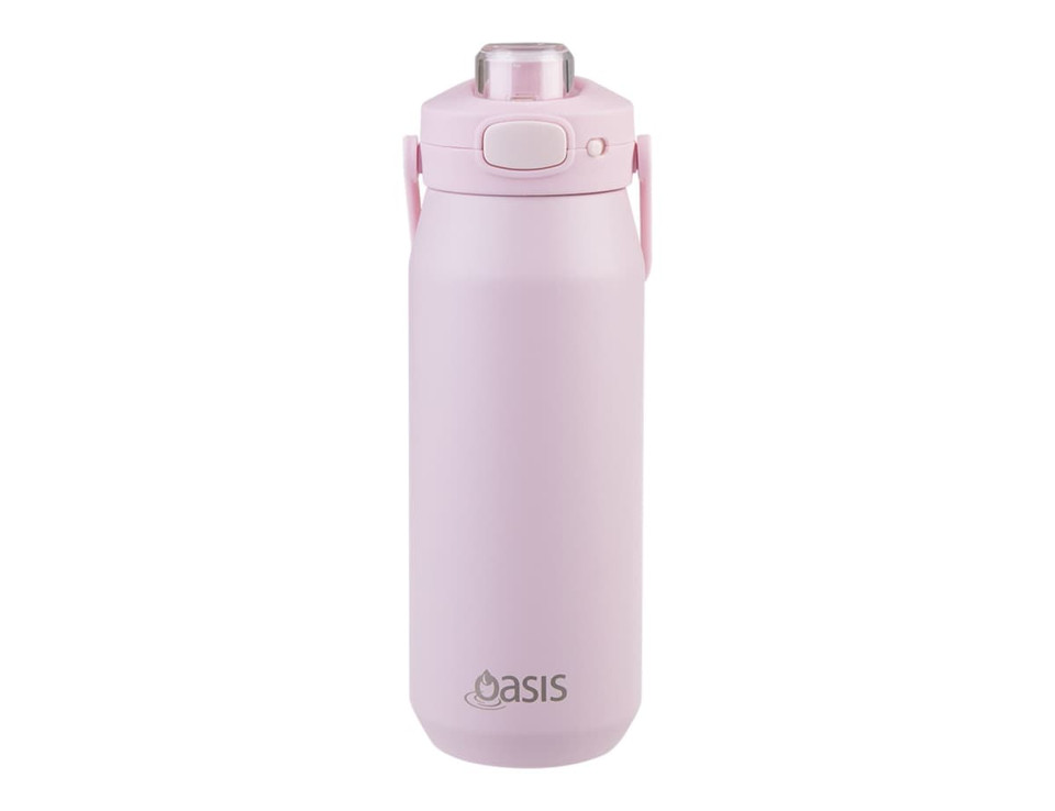 A drink bottle featuring a pink exterior, a quick release lid, and a logo on the front.