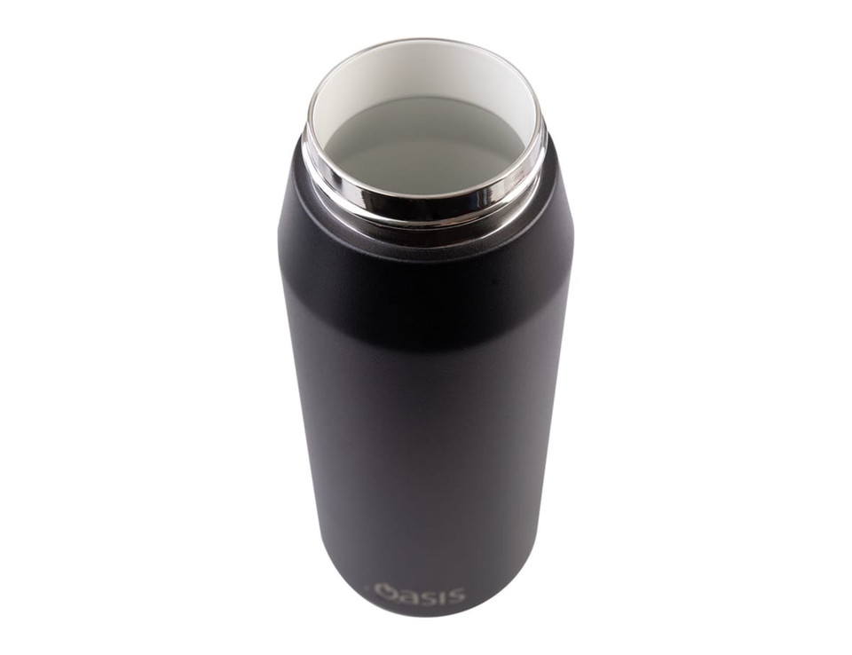 A drink bottle featuring a sleek black design with a stainless steel opening and a silver rim. It has a logo.