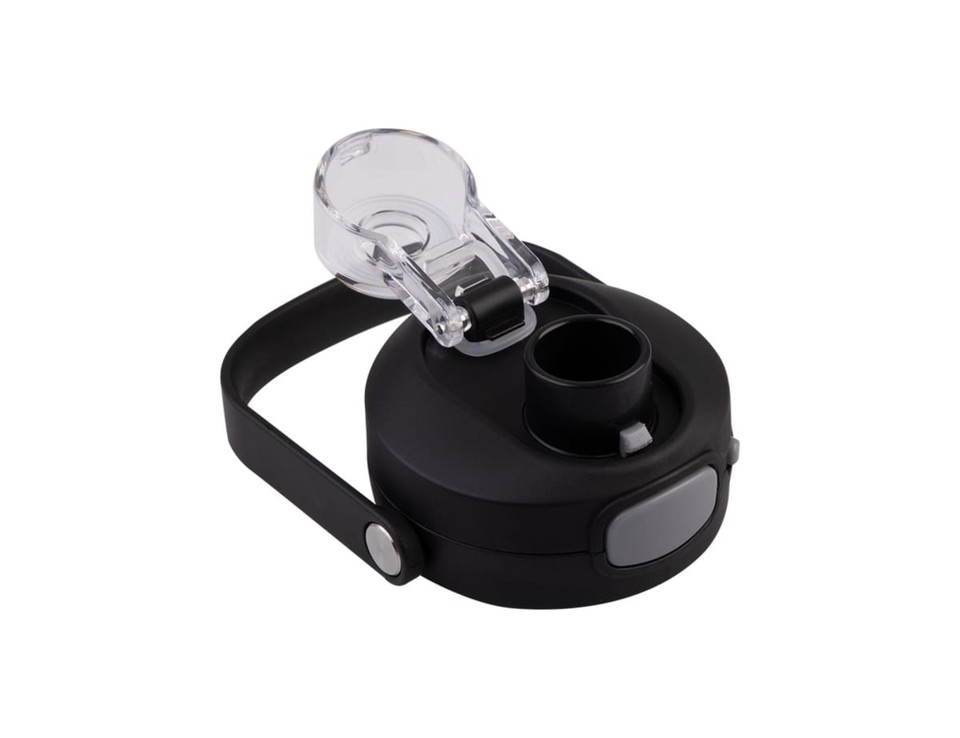 A drink bottle lid in black with a clear quick-release feature and a secure fastening mechanism.