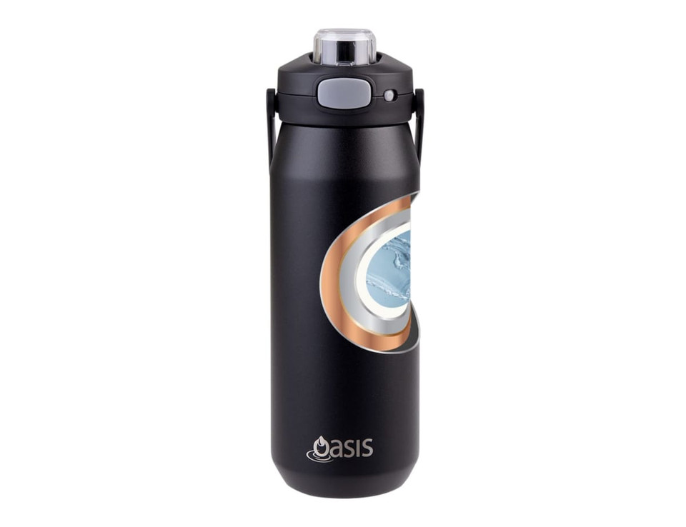 A drink bottle with a matte black finish, featuring a quick release lid and an embedded design, and a logo.