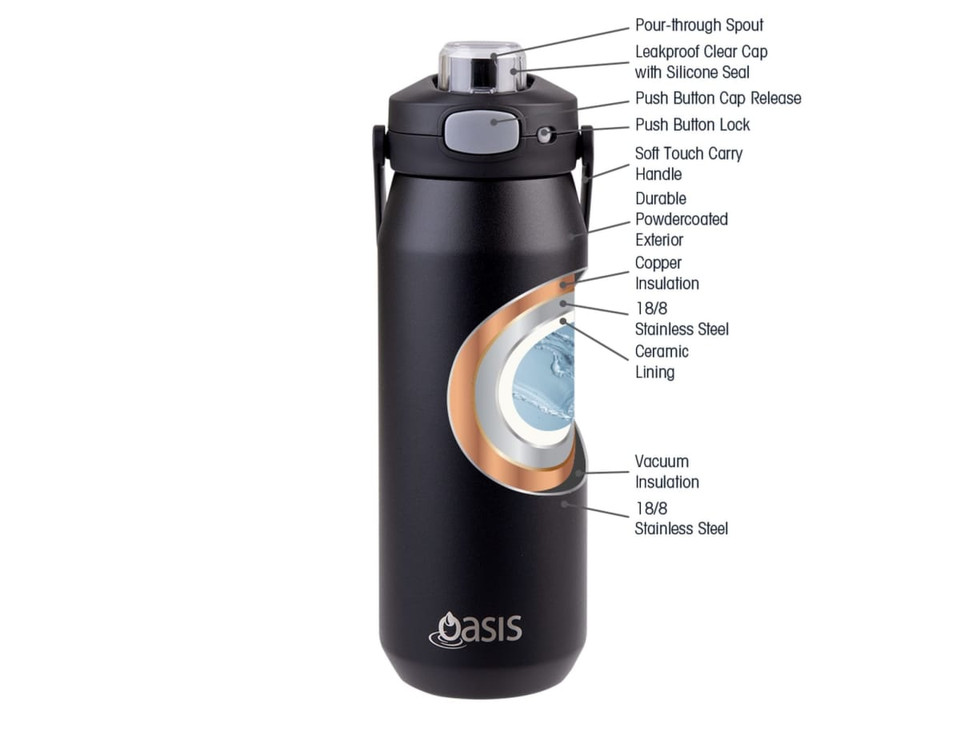 A drink bottle features a black exterior, vacuum insulation, a silicone seal, and a push button cap release.