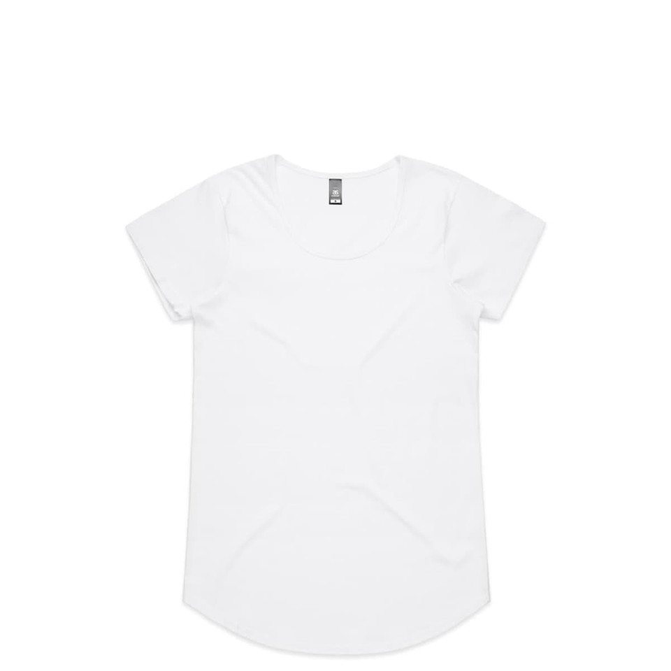 A white T-shirt with a rounded neckline and short sleeves, featuring a simple design and a tag.