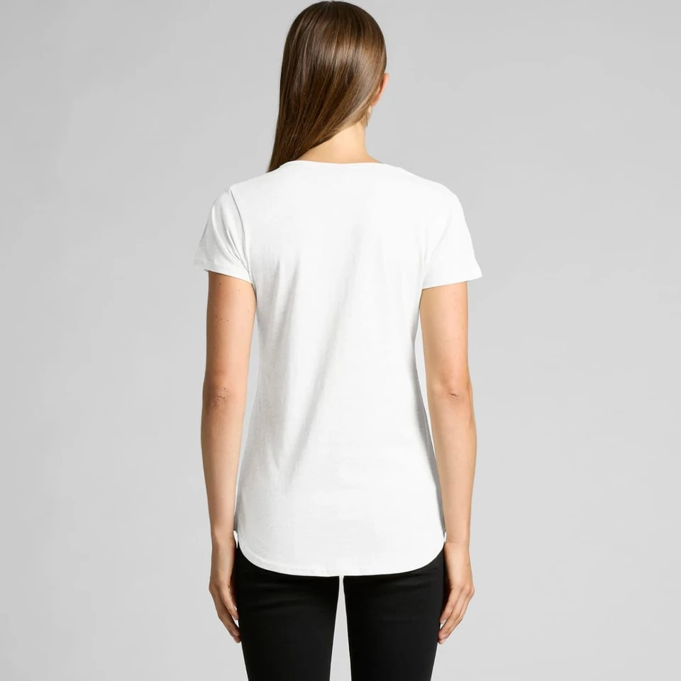 A white t-shirt with short sleeves and a curved hem, featuring a logo on the back.