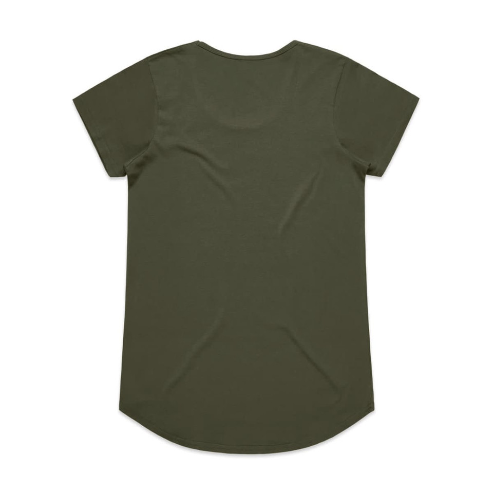 An olive green T-shirt with short sleeves and a rounded hem, featuring a logo on the back.