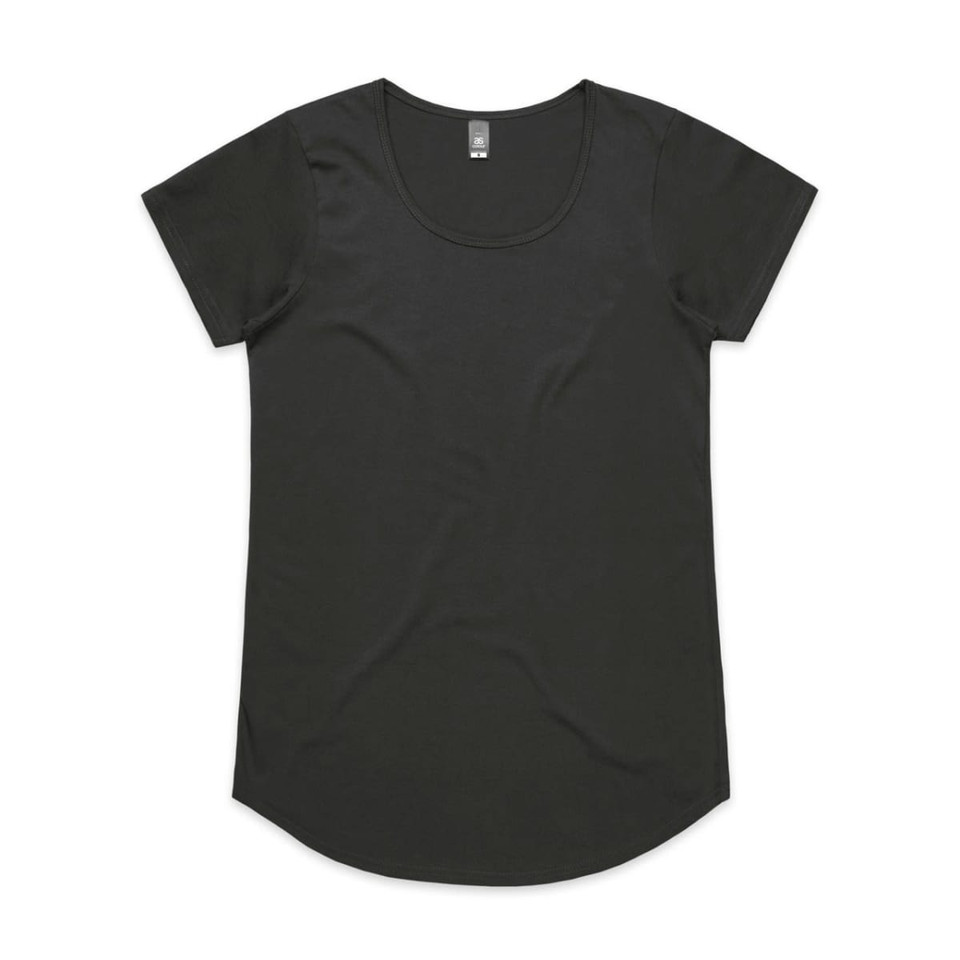 A black t-shirt with short sleeves and a rounded neckline, featuring a subtle branding logo.