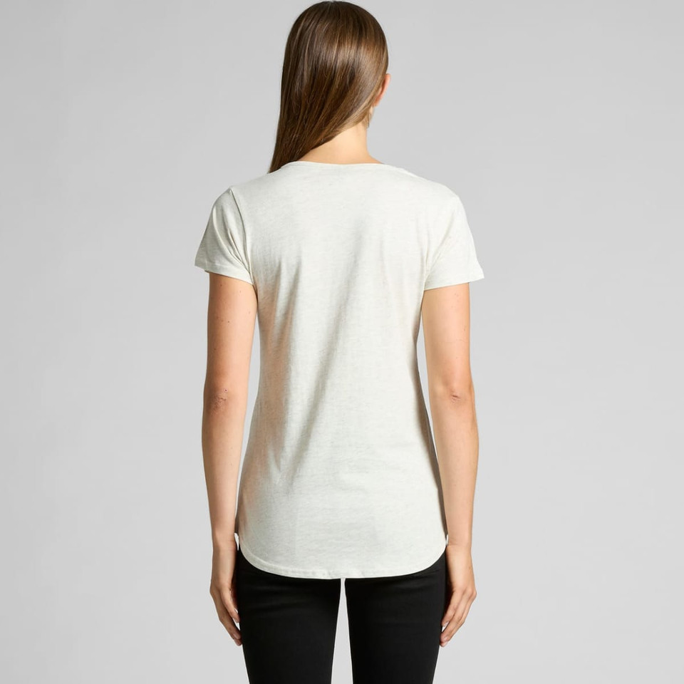 A light green T-shirt with short sleeves and a curved hem at the back, featuring a branding logo.