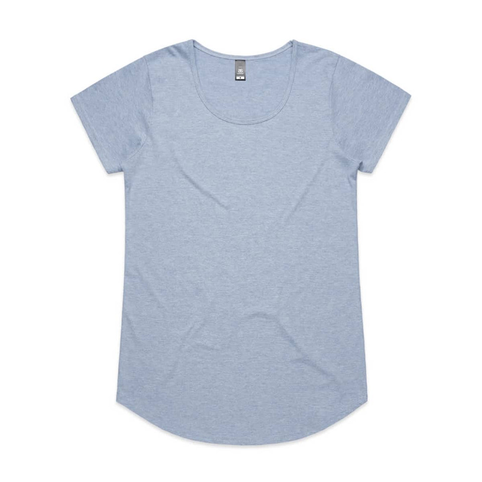 A light blue women's t-shirt with short sleeves and a curved hem. It features a brand logo on the tag.