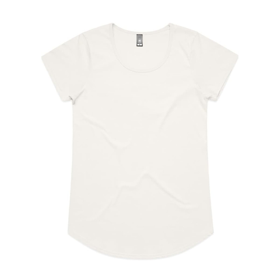 A light cream-coloured t-shirt with a rounded neckline and short sleeves, featuring a logo on the label.